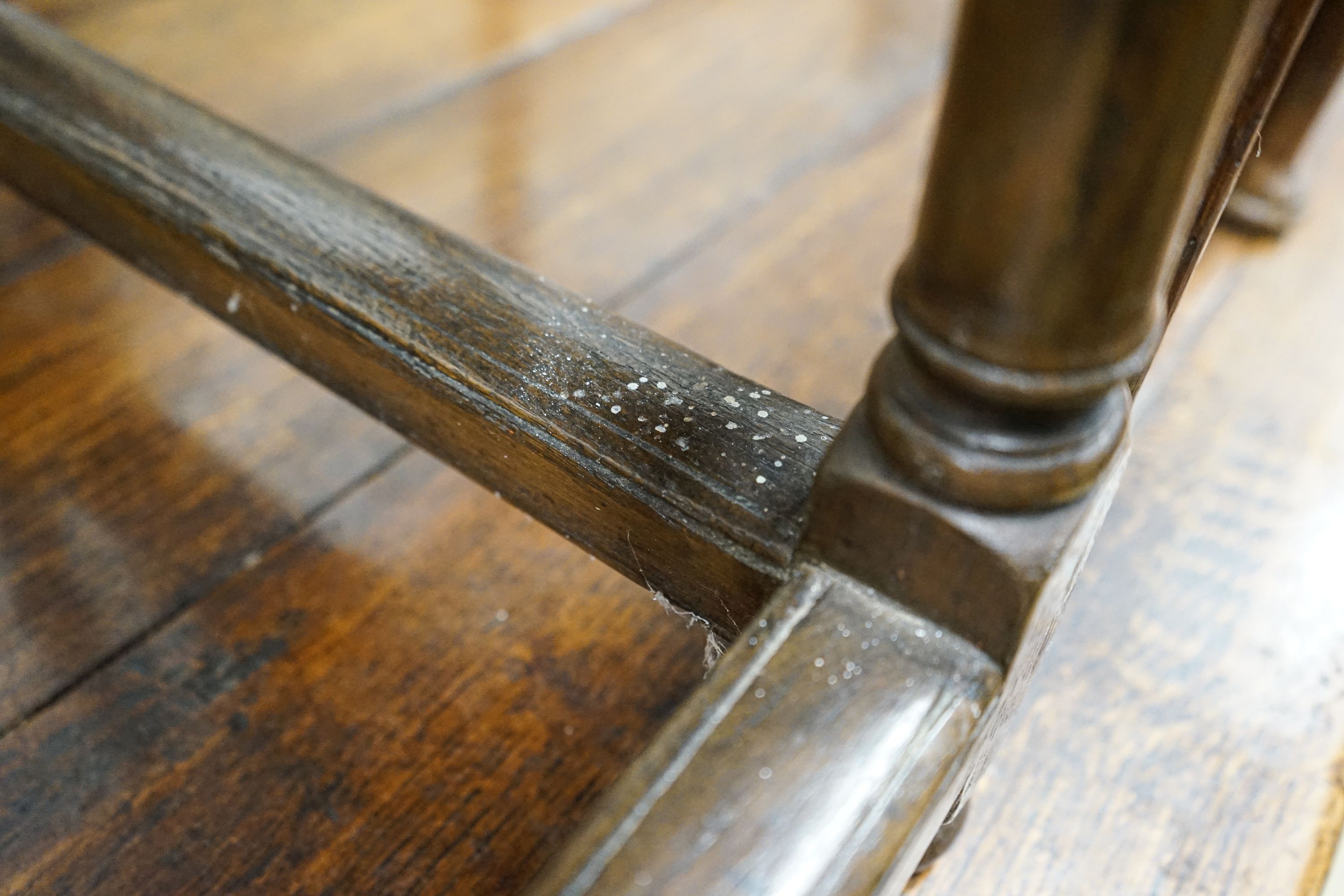 An early 18th century oak side table, with turned legs and pad feet, width 58cm and a 17th century style oak side table, width 55cm, depth 36cm, height 61cm